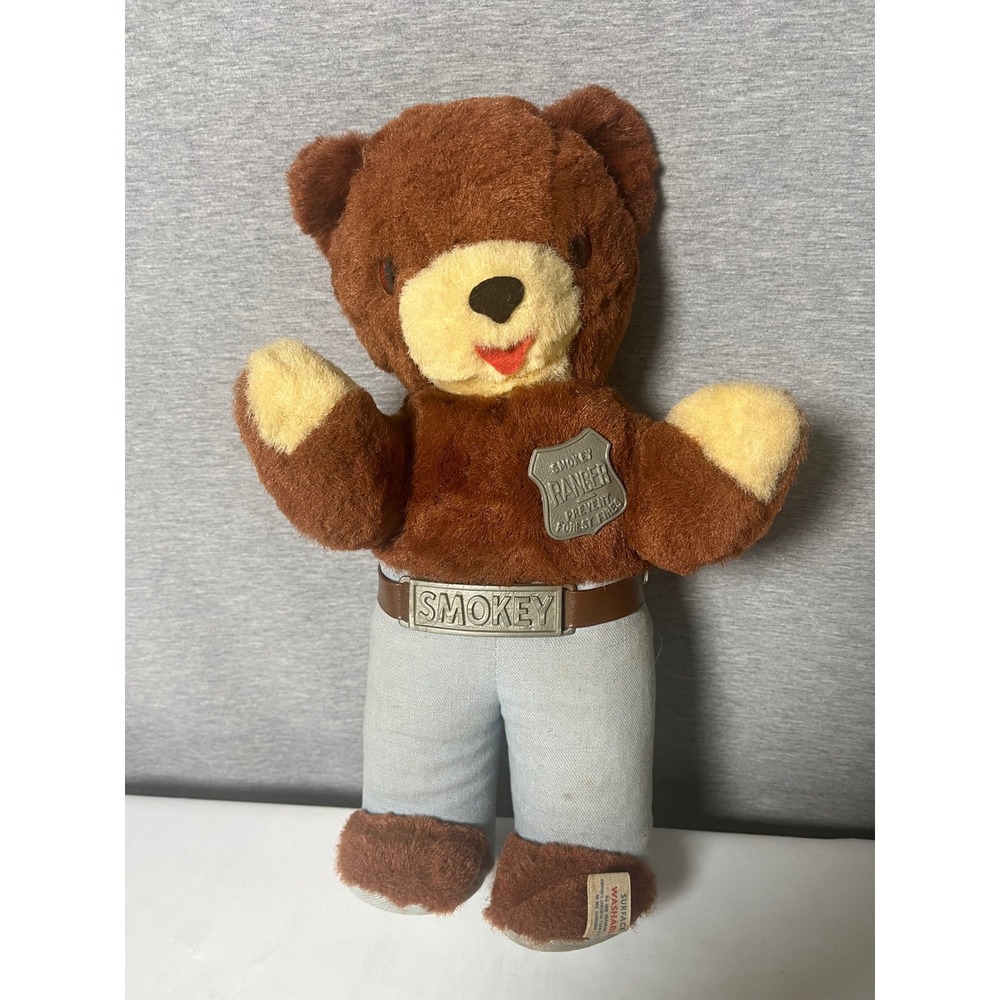 Vintage 1960's  Ideal Smokey the Bear  13" Stuffed Animal W badge & Belt Buckle